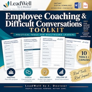 May include: A digital toolkit for healthcare leaders titled Employee Coaching & Difficult Conversations, featuring four printable forms: a preparation worksheet, conversation planner, documentation form, and performance improvement action plan.