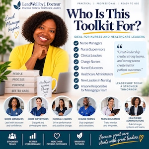 Puede incluir: Un gráfico promocional de LeadWell by J. Docteur que muestra a una persona con cárdigan amarillo, una pila de libros etiquetados como People, Process, Purpose, Better Care y una taza con el texto Healthcare Leaders Change Lives, junto a una lista.