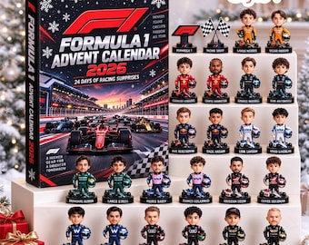 May include: A Formula 1 2026 advent calendar box featuring a race track graphic and 24 miniature driver figurines on a tiered display. The box displays the text Formula 1 Advent Calendar 2026, 24 Days of Racing Surprises, and A Higher Gear for a Brighter Tomorrow.