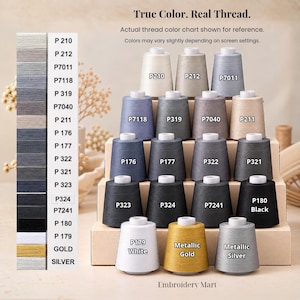 May include: A tiered display of embroidery thread spools in various shades of gray, white, gold, and silver. Each spool is labeled with a code like P210 or P180. A vertical color chart on the left lists codes and colors including Gold and Silver.