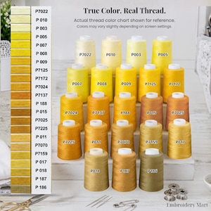May include: A collection of embroidery thread spools in various shades of yellow, gold, and ochre, arranged on a tiered display. A vertical color chart on the left lists codes from P7022 to P186. Text reads: True Color. Real Thread.