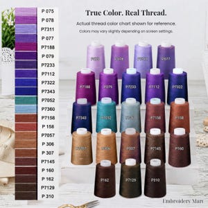 May include: A color chart displaying various spools of embroidery thread in shades of purple, blue, teal, and brown. Each spool is labeled with a code. The text reads: True Color. Real Thread. Actual thread color chart shown for reference.