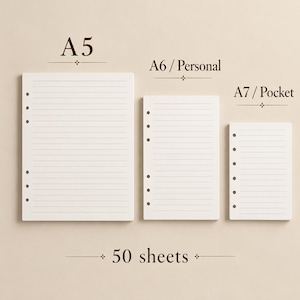 May include: Three white lined paper inserts for planners in A5, A6/Personal, and A7/Pocket sizes. Each sheet features a vertical row of punched holes along the left edge. The text 50 sheets is displayed at the bottom of the image.