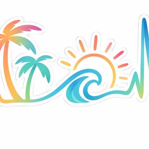 May include: A sticker featuring a colorful gradient heartbeat line that incorporates two palm trees, a rising sun, a crashing ocean wave, and a heart symbol at the end. The design transitions through shades of pink, orange, yellow, green, and blue.