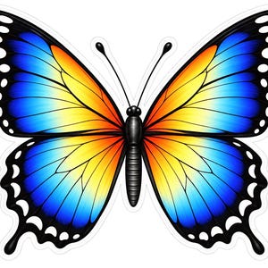 May include: A butterfly sticker featuring a vibrant gradient of yellow and orange in the center, transitioning to bright blue and black at the edges. The wings are detailed with black veins and white spots along the outer black borders.