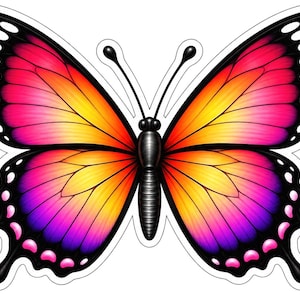 May include: A butterfly sticker featuring a vibrant gradient of pink, orange, and yellow on its wings. The wings are outlined in black with white circular spots along the edges. The central body and antennae are black with a segmented texture.