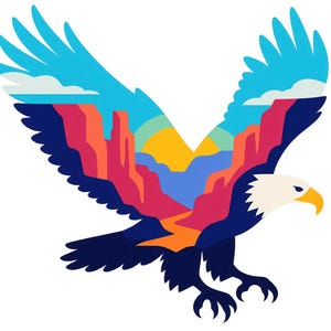 May include: A graphic illustration of a bald eagle in flight with its wings spread wide. The body of the eagle features a colorful landscape scene with red rock canyons, a yellow sun, blue sky, and white clouds set against a dark blue silhouette.