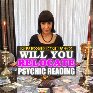 May include: A psychic reading service advertisement featuring a black rectangular sign with the text NO AI 100% HUMAN READING WILL YOU RELOCATE PSYCHIC READING. The sign is placed on a table surrounded by tarot cards and two lit red candles.