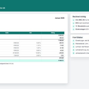 May include: A digital payslip template titled Lohnabrechnung Schweiz 2026, featuring a table with columns for position, base, rate, and amount. The document includes sections for company details, employee information, and calculation notes in German.