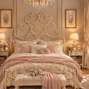 May include: A bedroom featuring a cream-coloured metal bed frame with an ornate scrollwork headboard and footboard. The bed is dressed in floral bedding, a textured pink throw blanket, and decorative pillows, with a tufted bench at the foot.