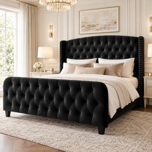 Velvet Queen Bed Frame in Black, Gray or White, 51-Inch Wingback Headboard, Diamond-Tufted Upholstered Bed with Nailhead Trim