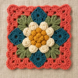 May include: A square crochet motif featuring a central flower with a mustard yellow center and cream petals. The flower is surrounded by four dark teal diamond shapes and green leaves, all framed by a scalloped border in coral red yarn.