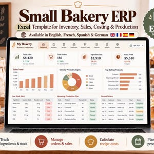 Puede incluir: Una pantalla de portátil que muestra una plantilla de Excel Small Bakery ERP para inventario, ventas, costes y producción. El panel incluye métricas de negocio, tendencias de ventas, gráficos circulares y planes de producción.
