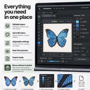May include: A laptop screen displaying Threadwork embroidery software with a blue butterfly design. The interface shows editable layers, up to 96 colours, stitch properties, and a five-step workflow from image import to file export in formats like DST, PES, and JEF.