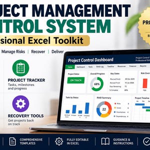 May include: A laptop displaying a Project Control Dashboard with charts and data. Text includes Project Management Control System, Professional Excel Toolkit, and Professional Edition. Icons represent dashboards, project trackers, RAID logs, and recovery tools.
