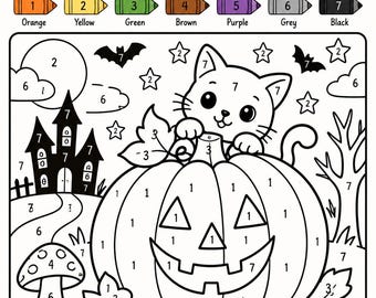 May include: A Halloween colour by numbers activity sheet featuring a cat sitting behind a jack-o'-lantern, a haunted house, a mushroom, bats, and stars. The top includes a colour key with numbers one through seven corresponding to specific colours.