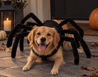 Déguisement d'araignée noire pour chien – Pattes duveteuses, harnais ajustable (tenue d'Halloween pour animaux de compagnie)