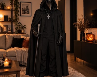 Costume de médecin de la peste gothique, robe noire, masque à bec, tenue de cosplay médiévale