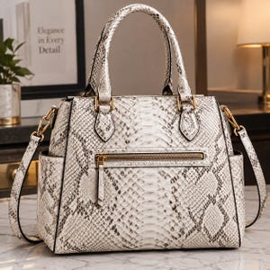 White Python Leather Handbag, Luxury Snakeskin Purse, Women’s Leather Shoulder Bag, Exotic Skin Tote, Elegant Top Handle Bag, Designer Style