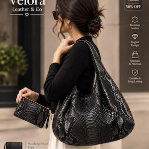Bolso hobo de piel de pitón negra – Bolso de piel hecho a mano, bolso de hombro holgado de lujo con estampado de serpiente, regalo para ella.