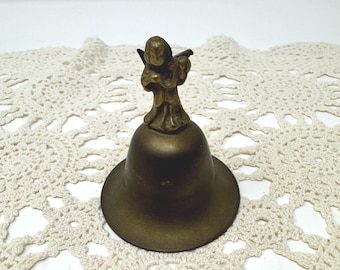 Brass Angel Hand Bell, Winged Cherub Figurine, Small Decorative Bell