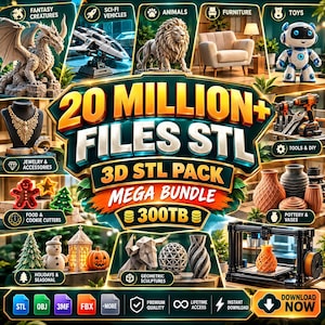 May include: A digital promotional graphic for a 3D STL pack featuring the text 20 MILLION+ FILES STL 3D STL PACK MEGA BUNDLE 300TB. The image displays various 3D printed items including a dragon, spaceship, lion, robot, jewelry, vases, and a 3D printer.