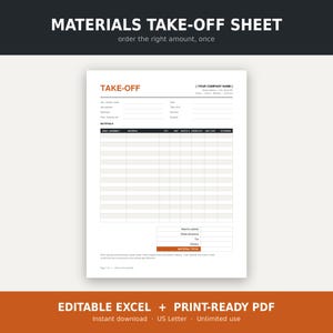 Op de afbeelding: Een wit materiaal-opnameformulier met zwarte tekst en oranje accenten. Het formulier bevat velden voor projectgegevens, bedrijfsgegevens en een tabel voor het bijhouden van materialen, hoeveelheden, eenheden, afvalpercentages en kosten.