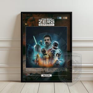 Puede incluir: Un póster enmarcado de Star Wars Zero Company que presenta un grupo central de personajes, incluyendo un humano, un soldado clon y un mandaloriano, sobre un fondo circular azul oscuro con texto y una paleta de colores en la parte superior e inferior.