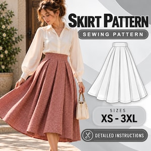 May include: A sewing pattern for a high-waisted, pleated midi skirt in a dusty rose color. The image displays the text SKIRT PATTERN, SEWING PATTERN, SIZES XS - 3XL, and DETAILED INSTRUCTIONS, alongside a technical line drawing of the skirt design.