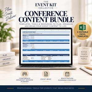 May include: A laptop displaying a Corporate Event Brief spreadsheet from The Event Kit Collective. The screen shows sections for event identity, details, audience, goals, stakeholders, and success metrics. Includes 3 editable Excel templates.