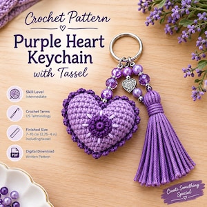 May include: A crochet pattern for a purple heart keychain with tassel. The keychain features a light purple heart with a dark purple center, a silver ring, purple beads, a small silver heart charm, and a long purple thread tassel.