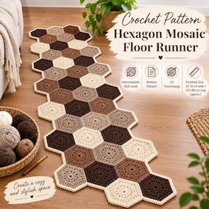Virkad hexagonmatta mönster PDF, virkad mosaikgolvlöpare PDF, geometrisk heminredning, omedelbar nedladdning