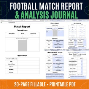 以下が含まれることがあります： Football Match Report & Analysis Journalと題された20ページの記入および印刷可能なPDF。このドキュメントには、試合レポート、スコア、チーム編成、試合詳細、およびゲームモデルのパフォーマンス評価のためのテンプレートが含まれています。