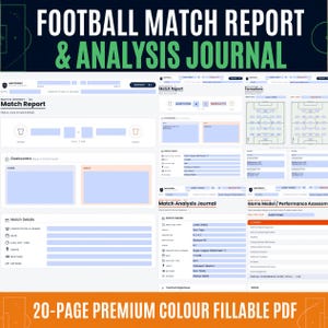 Könnte beinhalten: Ein 20-seitiges, farbiges und ausfüllbares PDF-Journal für Fußballspielberichte und Analysen. Das Dokument enthält strukturierte Vorlagen zur Erfassung von Spieldetails, Torschützen, Mannschaftsaufstellungen und taktischen Leistungsbewertungen.