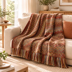 May include: A woven throw blanket featuring a multi-colored chevron pattern in shades of rust, orange, green, and yellow. The blanket has a textured appearance and is finished with long, multicolored fringe along the bottom edge.