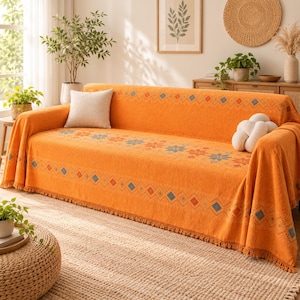 Orange boho chenille sofföverdrag, halkfritt soffskydd, boho orange vardagsrumspläd, mjuk texturerad soffpläd, mysig heminredning