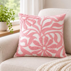Floral Leaves Embroidered Cushion Cover, Pink and White Decorative Throw Pillow Cover, Cotton Cushion Cover for Sofa, Living Room Decor