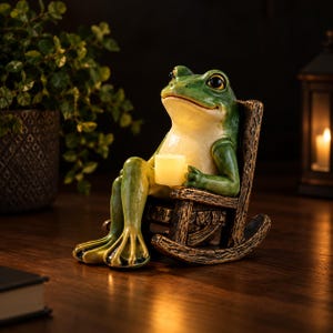 Puede incluir: Una figura de rana verde con vientre color crema sentada en una mecedora marrón texturizada. La rana sostiene una pequeña luz cilíndrica brillante en sus manos, proyectando una iluminación suave sobre su pecho y su rostro.