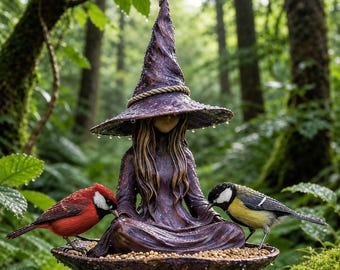 Comedero para pájaros de bruja, estatua colgante de resina púrpura para jardín, meditación, decoración mágica para exteriores