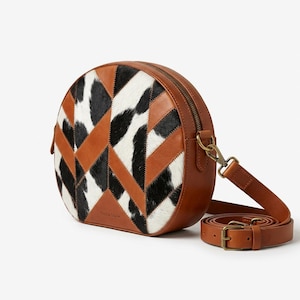 Patchwork Cowhide Crescent Bag, Geometric Leather Shoulder Purse, Hair on Hide Crossbody, Artisan Chevron Handbag, Boho 90s Baguette Bag