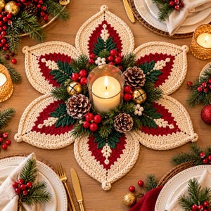 May include: A star-shaped crochet centerpiece featuring cream, red, and dark green yarn. The center holds a glass candle holder with a lit white pillar candle, surrounded by pine cones, red berries, small white berries, and gold jingle bells.
