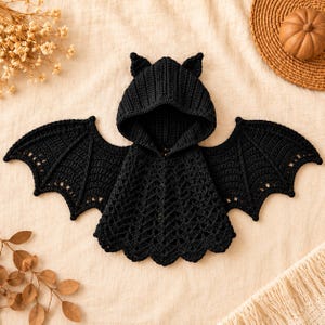 May include: A black crocheted hooded cape featuring large, detailed bat wings extending from the sides. The hood includes two small pointed ears at the top, and the main body of the cape is crafted with a textured, open-work stitch pattern.