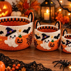 Patrón de cesta de ganchillo para Halloween, juego de 3 cestas apilables con fantasma, sombrero de bruja, calabaza y murciélagos / Decoración espeluznante fácil (PDF)