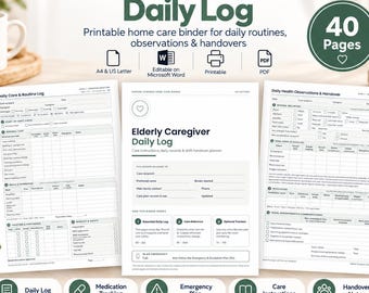Elderly Caregiver Daily Log, 40-Page Printable Binder, Medication Tracker (PDF)