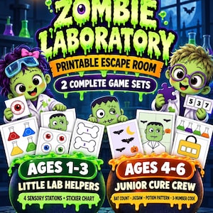Könnte beinhalten: Ein druckbares Zombie Laboratory Escape-Room-Spielset mit zwei Charakteren in Laborkitteln, grüner Haut und Schutzbrillen. Die Grafik enthält Text für die Altersgruppen 1-3 Little Lab Helpers und 4-6 Junior Cure Crew sowie Spielkarten mit Augen, Knochen und Zaubertränken.