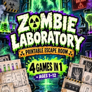 May include: A Zombie Laboratory printable escape room game set featuring 4 games in 1 for ages 1-12. The graphic includes text reading Experiments Change Everything, Containment Breach, and various scientific illustrations like test tubes and brains.