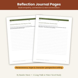 以下が含まれることがあります： 緑色のヘッダーが付いた2枚の白いジャーナルページ。タイトルは「Reflection Journal Pages」。左のページは「Journal & Reflection: One Step at a Time」、右のページは「Journal & Reflection: Growth Letter」と記されており、どちらも書き込み用の罫線が引かれています。