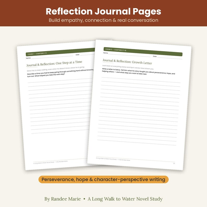 以下が含まれることがあります： 緑色のヘッダーが付いた2枚の白いジャーナルページ。タイトルは「Reflection Journal Pages」。左のページは「Journal & Reflection: One Step at a Time」、右のページは「Journal & Reflection: Growth Letter」と記されており、どちらも書き込み用の罫線が引かれています。