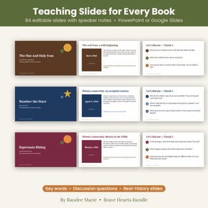 Puede incluir: Un conjunto de 84 diapositivas did&aacute;cticas editables para PowerPoint o Google Slides, con t&iacute;tulos como The One and Only Ivan, Number the Stars y Esperanza Rising, que incluyen preguntas de debate, contexto y texto.