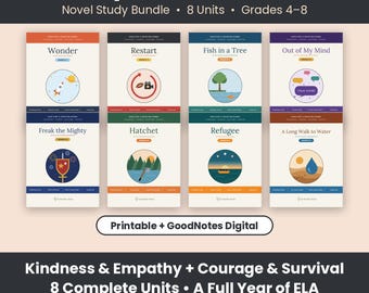 Ensemble de ressources pour l'étude de romans au collège, 8 unités, imprimables + version numérique GoodNotes (4e à 8e année)